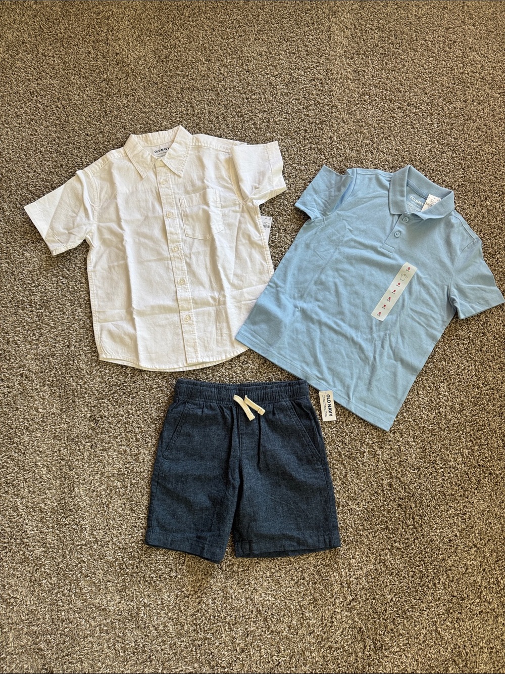 Kids 3-Piece Shirt & Short Set - White Shirt, Light Blue Polo, Navy Shorts